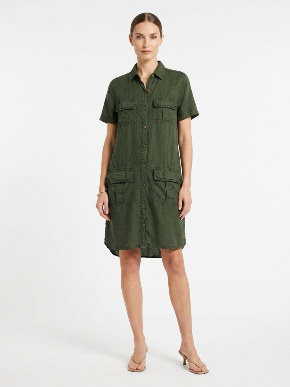 Sundance Linen Utility Shirt Dress Short Sleeve Button Front Olive Green XS